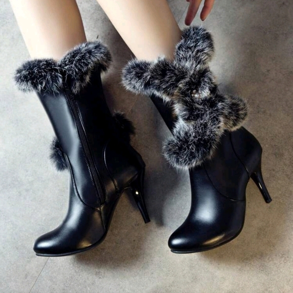 Pointed Toe High Heel Ankle Boots, Sexy New Rabbit Fur Short Boots For Winter - Picture 2 of 5